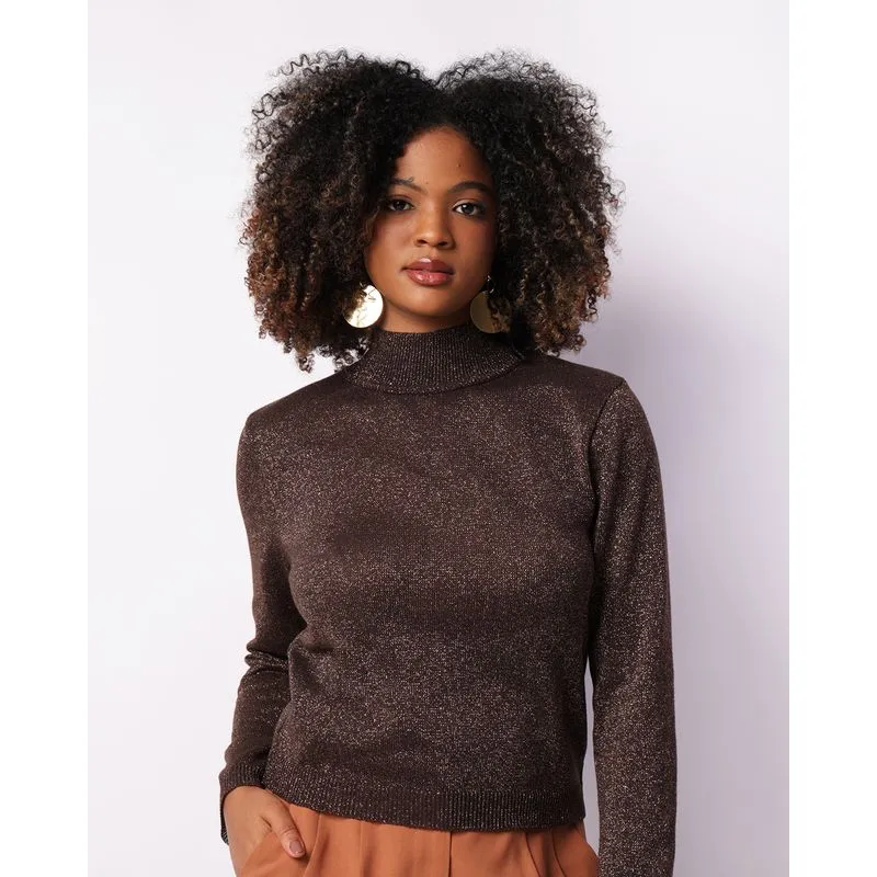 Suéter Feminina Tricô Gola Alta Lurex Marrom P