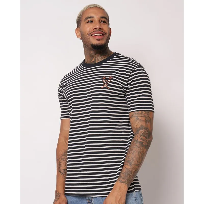 Camiseta Masculina Looney Tunes Bordado Taz Listrada Marinho M