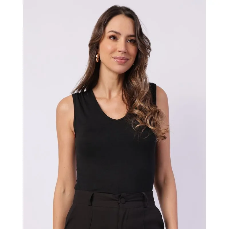Regata Feminina Viscose Decote V Preta M
