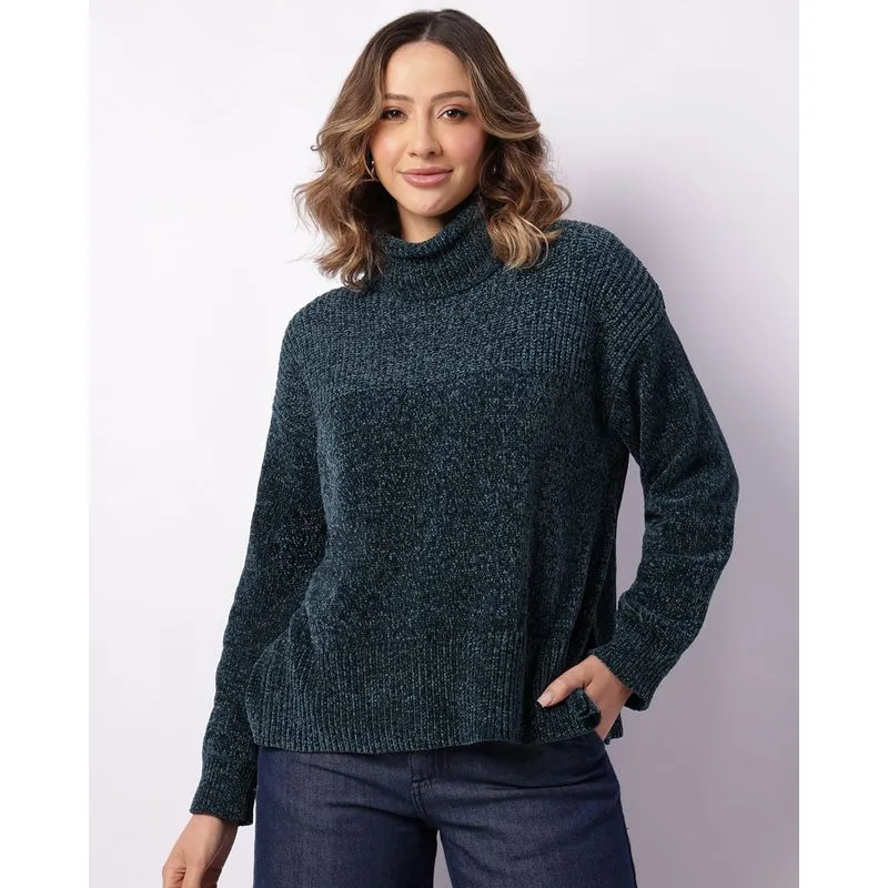 Suéter Feminino Tricô Manga Longa Gola Alta Verde GG