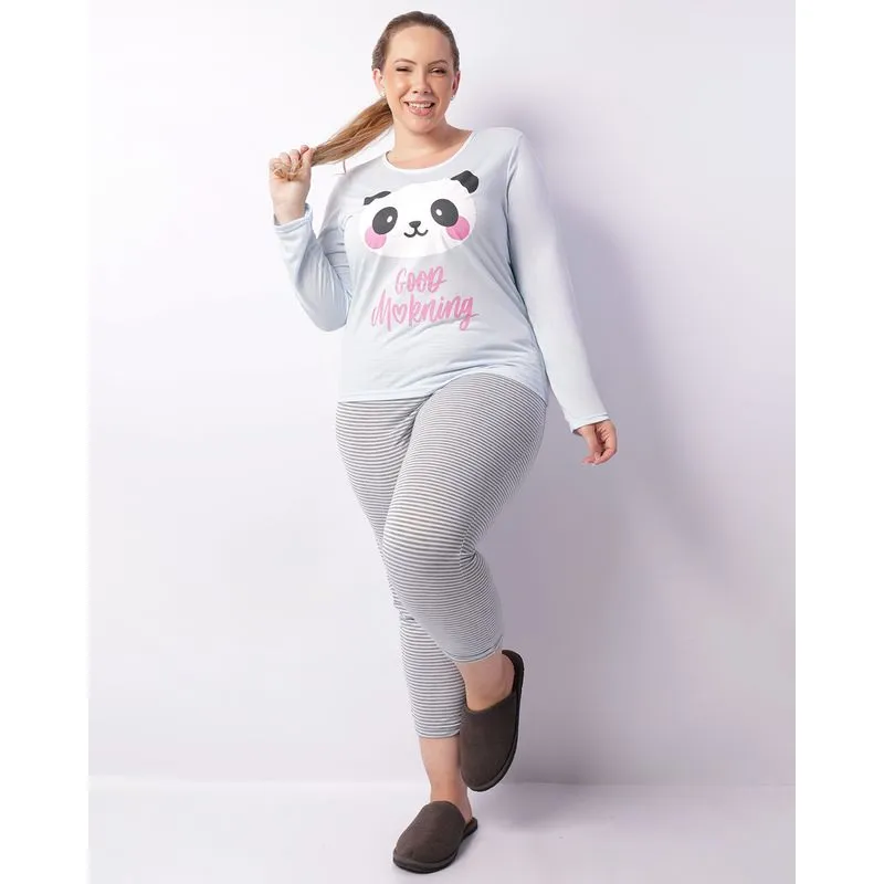 Pijama Plus Size Feminino Manga Longa Estampado Listrado Azul 52