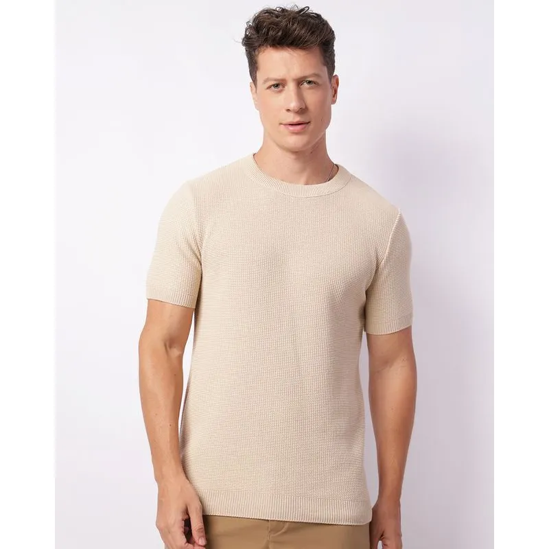 Camiseta Masculina Manga Curta Tricô Bege P