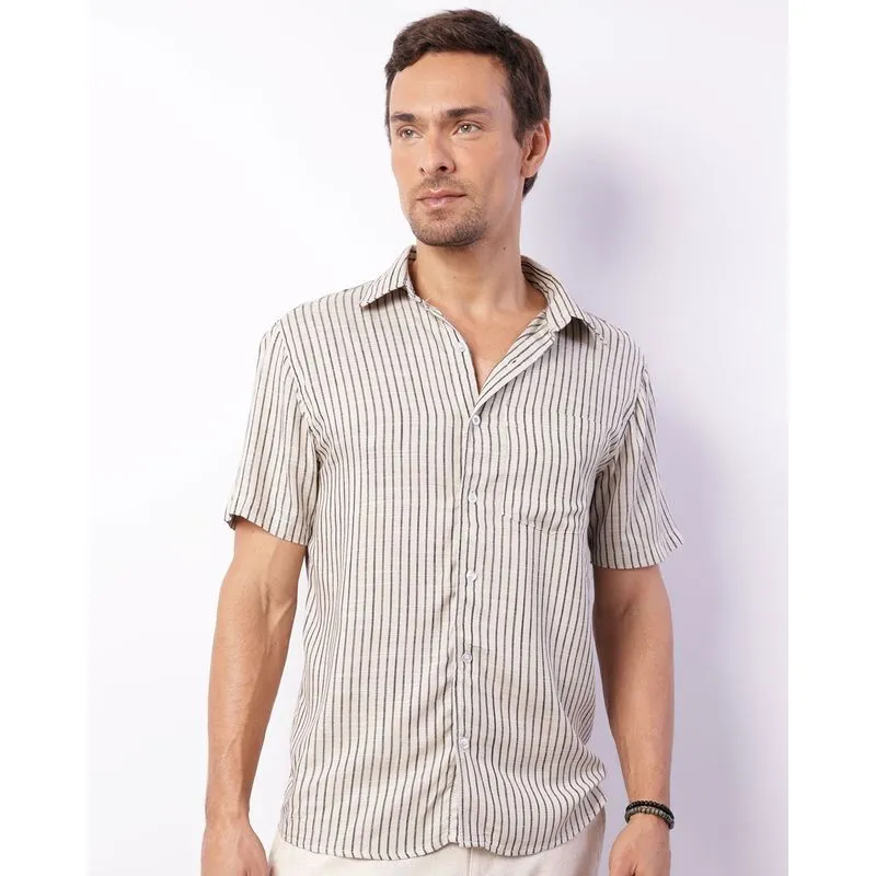 Camisa Masculina Manga Curta Viscose Listrada Bege G
