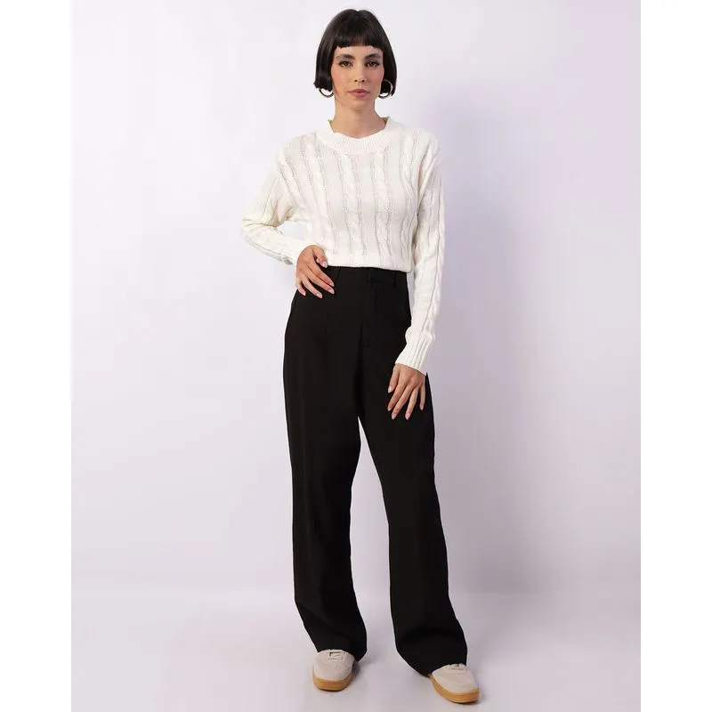 Calça Feminina Poliviscose Reta Com Frisos Preta 36