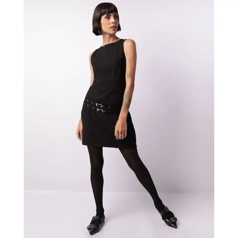 Vestido Feminino Viscose Cinto Com Fivelas Preto G