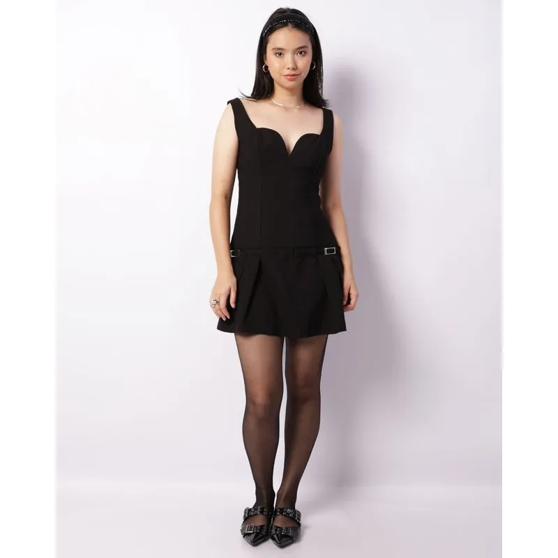 Vestido Feminino Alcinha Curto Poliviscose Com Cinto Pregas Preto P