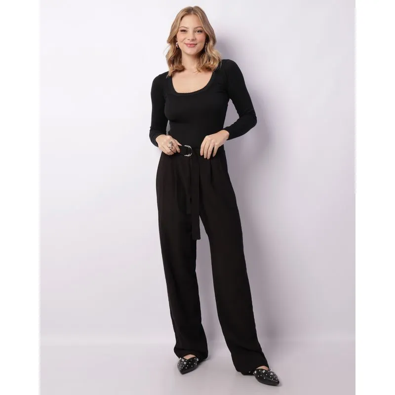 Calça Feminina Poliviscose Reta Com Pregas Fivela Preta P