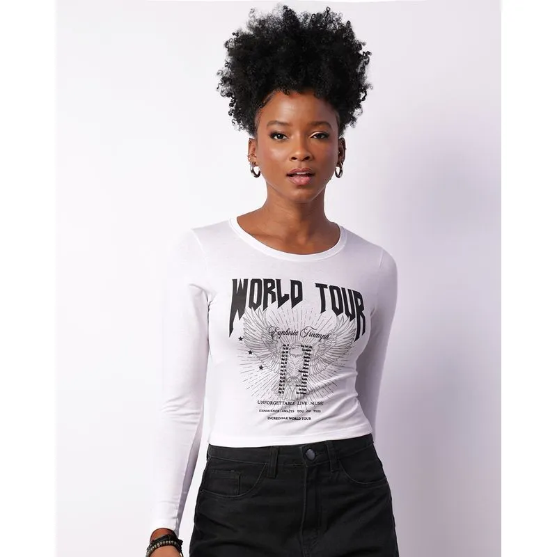 Blusa Feminina Manga Longa Estampa Frontal Branca M