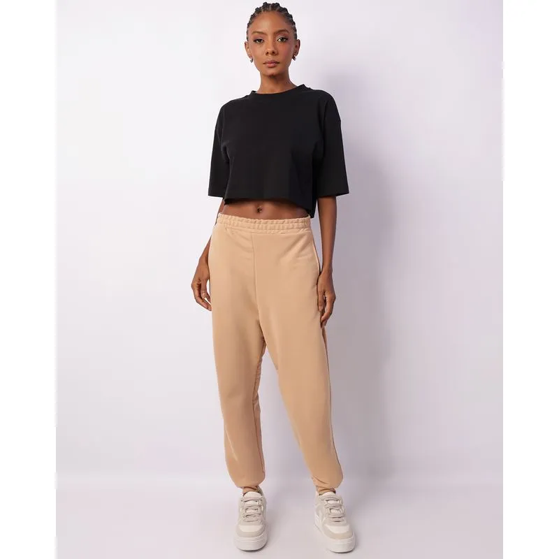 Calça Moletom Feminina Jogger Básica Com Bolsos Bege GG