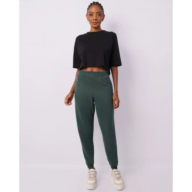Calça Moletom Feminina Jogger Básica Com Bolsos Verde M