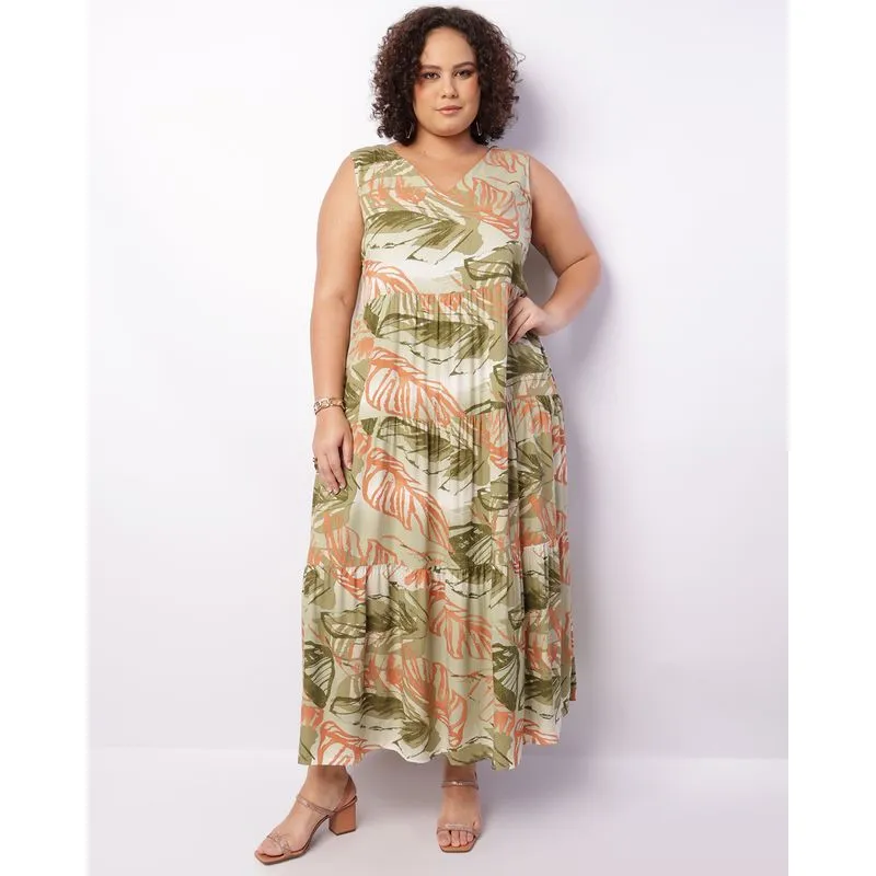 Vestido Plus Size Feminino Longo Berry & Co. Estampado Verde G1