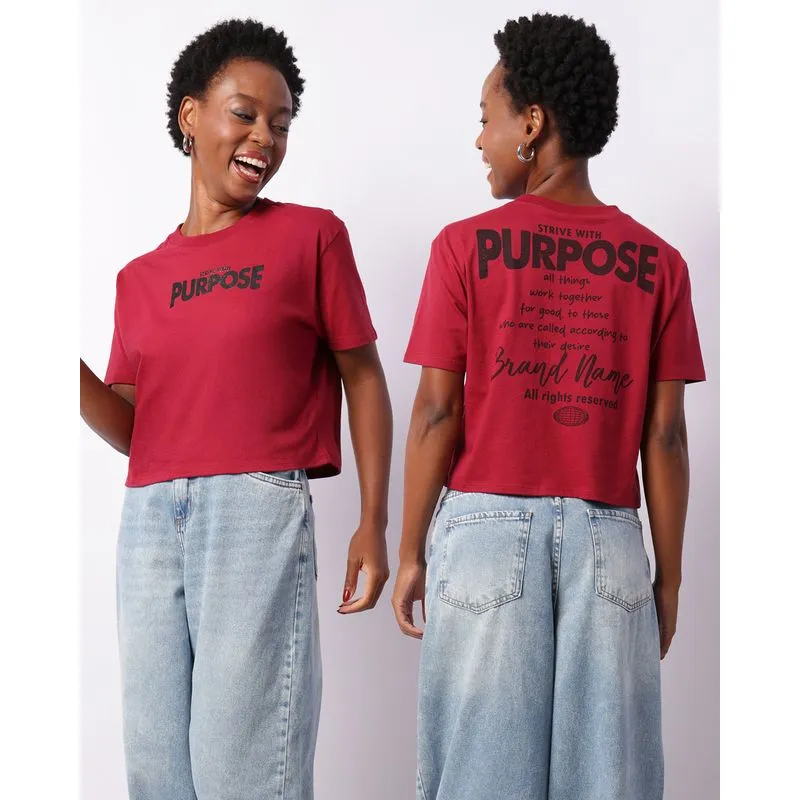 Camiseta Feminina Cropped Manga Curta Estampa Purpose Vinho P
