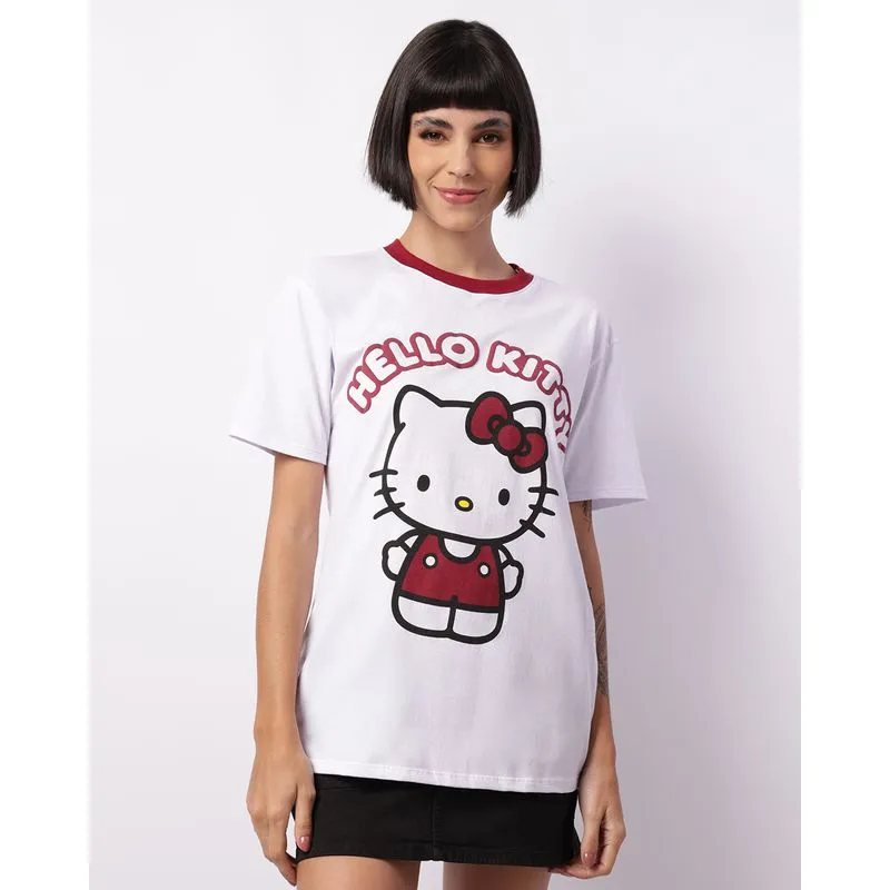 Camiseta Feminina Sanrio Hello Kitty Manga Curta Branca GG