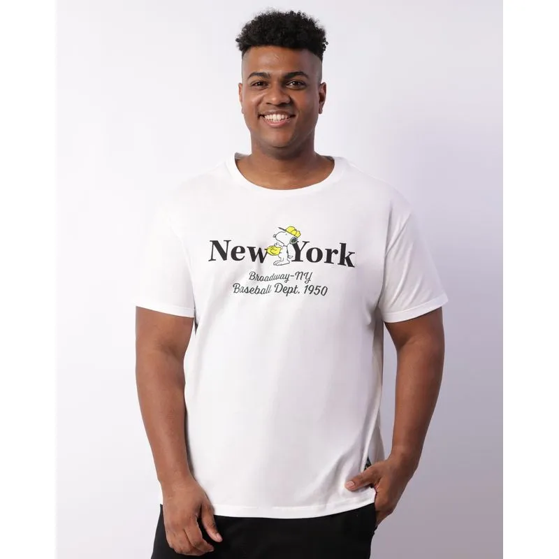 Camiseta Plus Size Masculina Manga Curta Peanuts Snoopy Branca G3