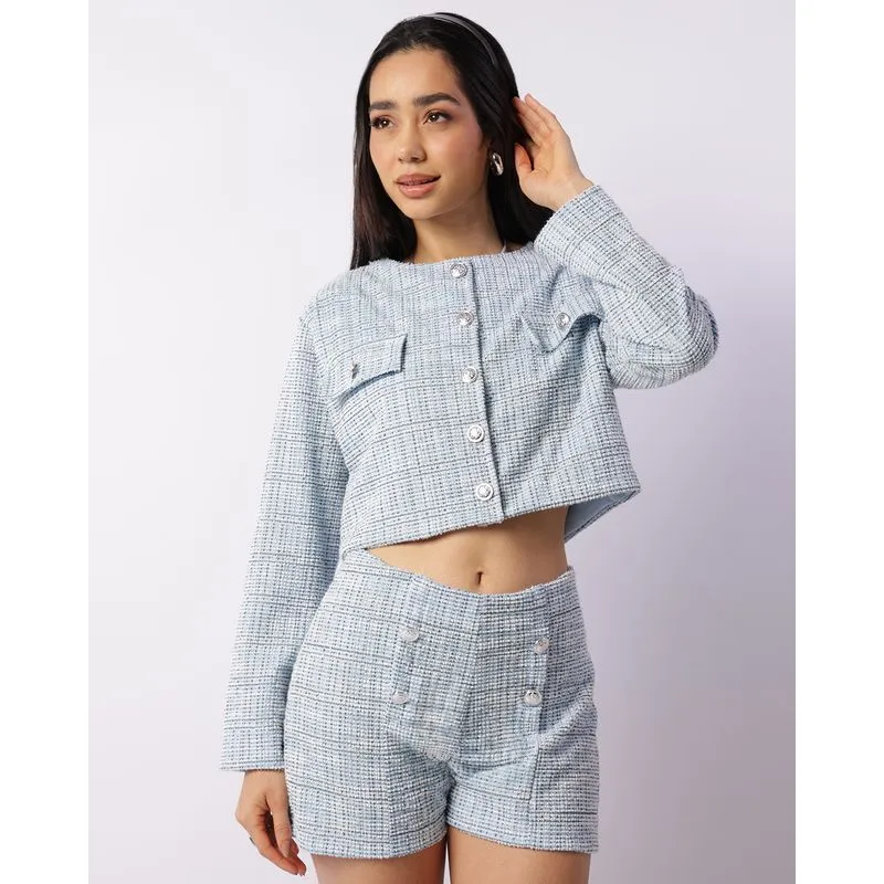 Casaco Feminino Cropped Tweed Botões Azul G