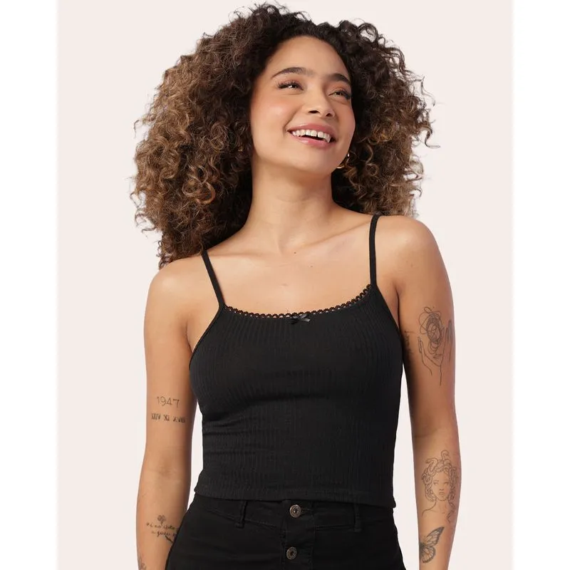 Blusa Feminina Alcinhas Cropped Canelada Detalhe Decote Preta M