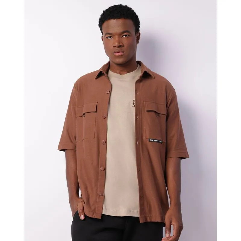 Camisa Masculina Manga Curta Bolsos Botões Marrom M