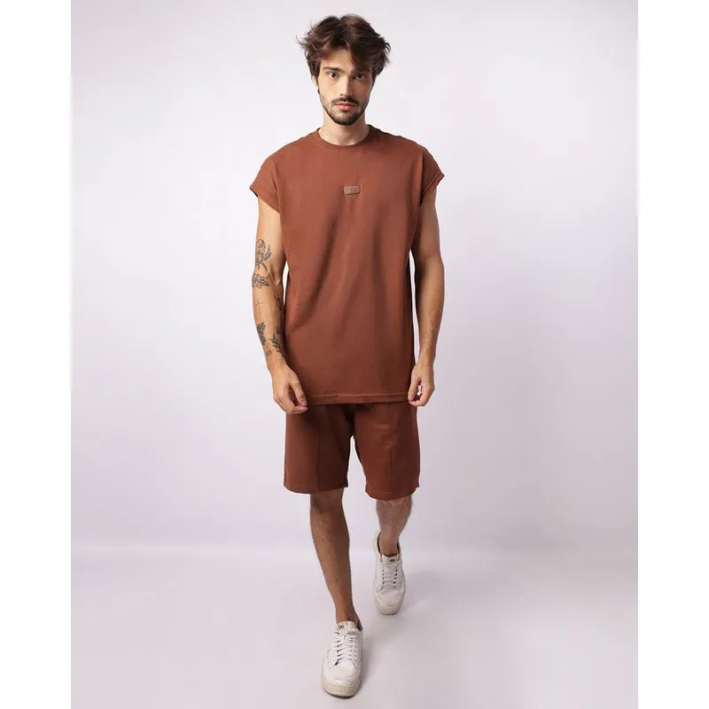 Bermuda Masculina Moletom Com Bolsos Recortes Marrom M
