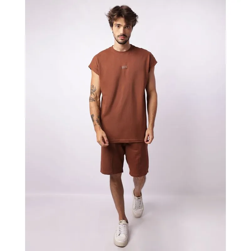 Bermuda Masculina Moletom Com Bolsos Recortes Marrom G