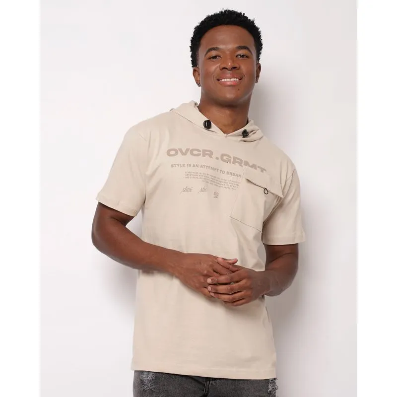 Camiseta Masculina Oversized Algodão com Capuz e Bolso Bege M
