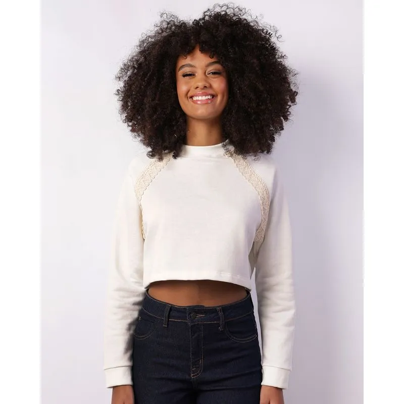 Blusão Moletom Feminino Cropped Com Renda Off White P
