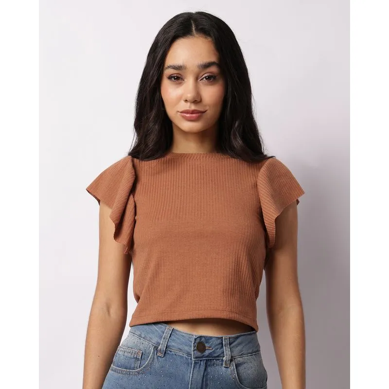Blusa Feminina Cropped Canelada Manga Curta Babados Marrom M