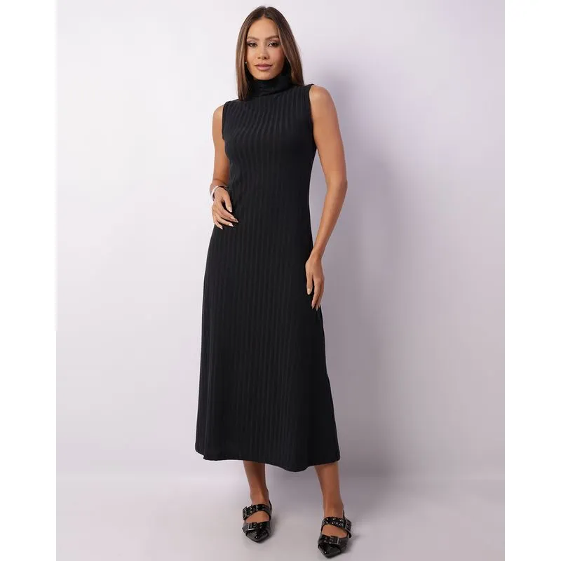Vestido Feminino Midi Canelado Gola Alta Preto M