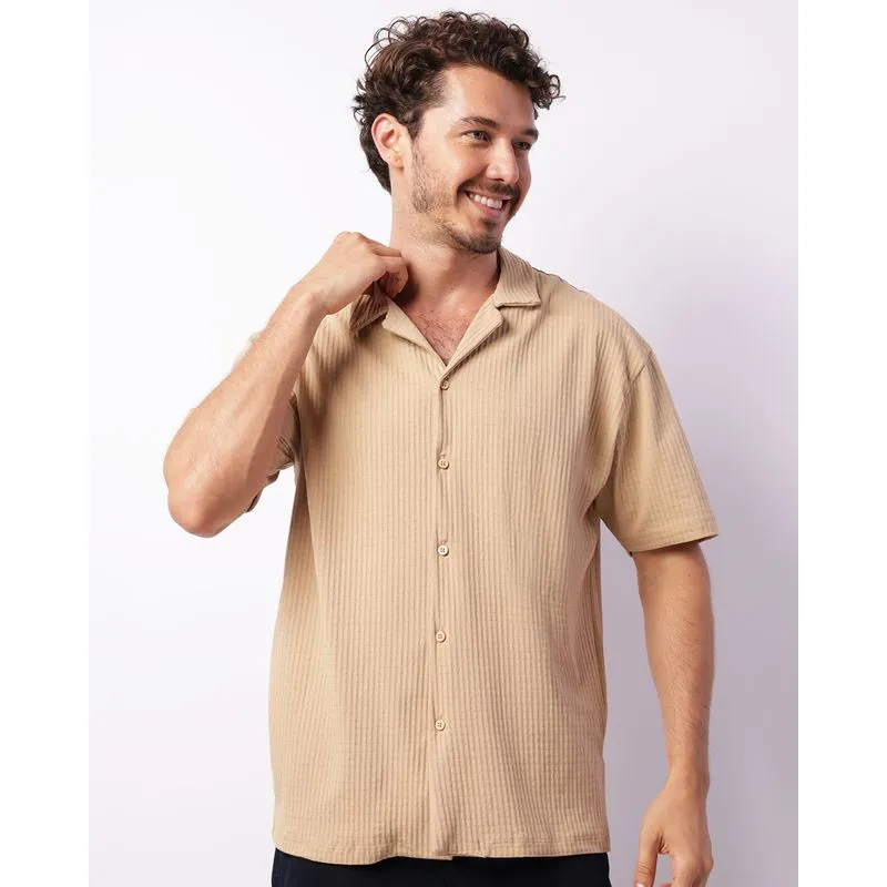 Camisa Masculina Manga Curta Texturizada Bege GG