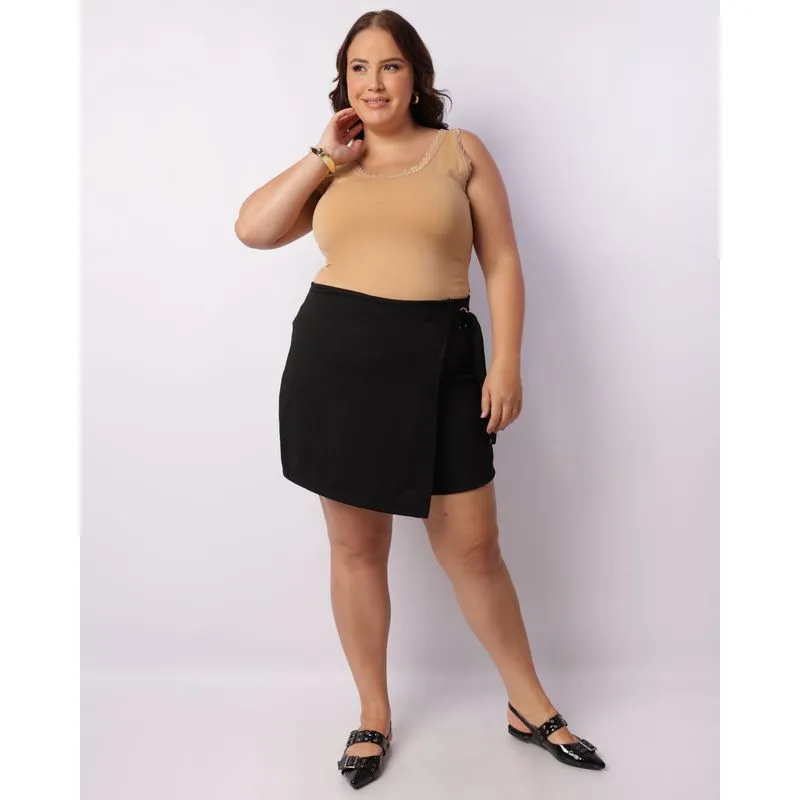 Short Saia Plus Size Feminino Texturizado Com Argola Preto G1