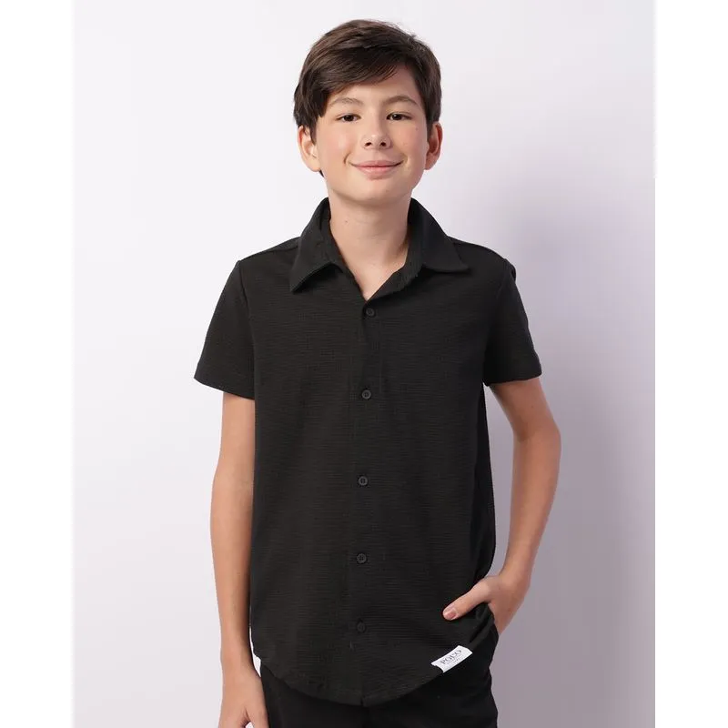 Camisa Juvenil Texturizada Manga Curta Gola Dobrável Preta 10