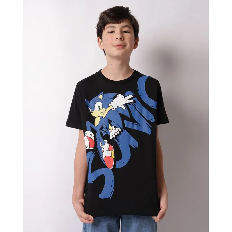 Camiseta Juvenil Sonic Manga Curta Preta 10