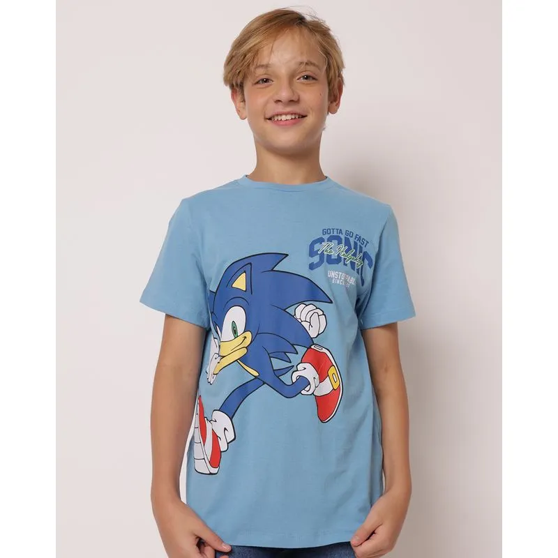 Camiseta Juvenil Algodão Sonic Manga Curta Azul 10