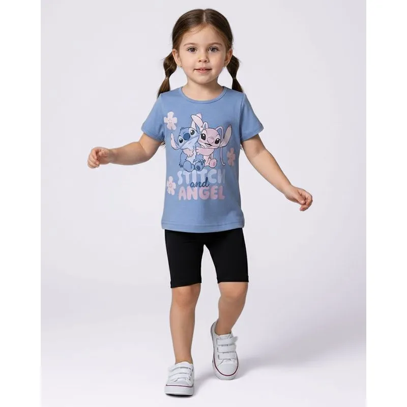 Blusa Bebê Algodão Manga Curta Stitch e Angel Azul 1