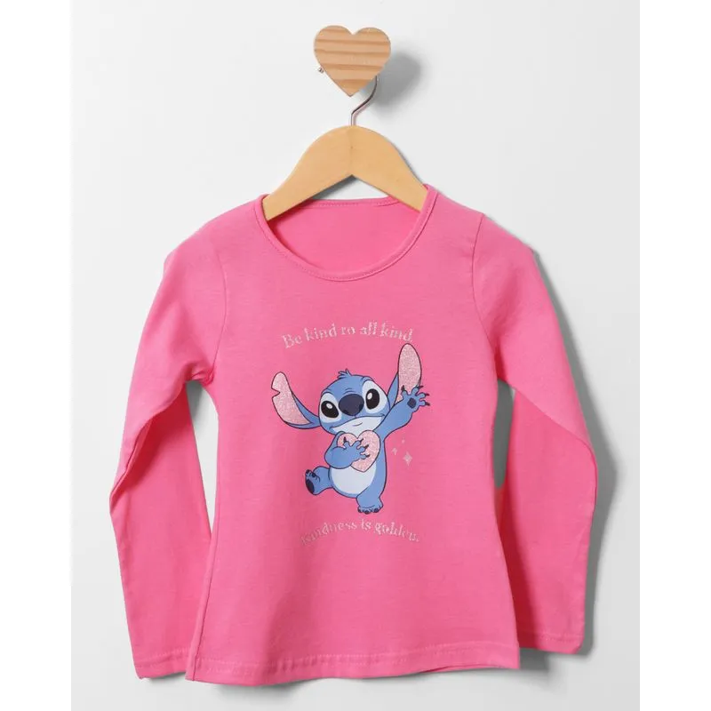 Camiseta Bebê Manga Longa Disney Estampa Stitch Com Glitter Rosa 3