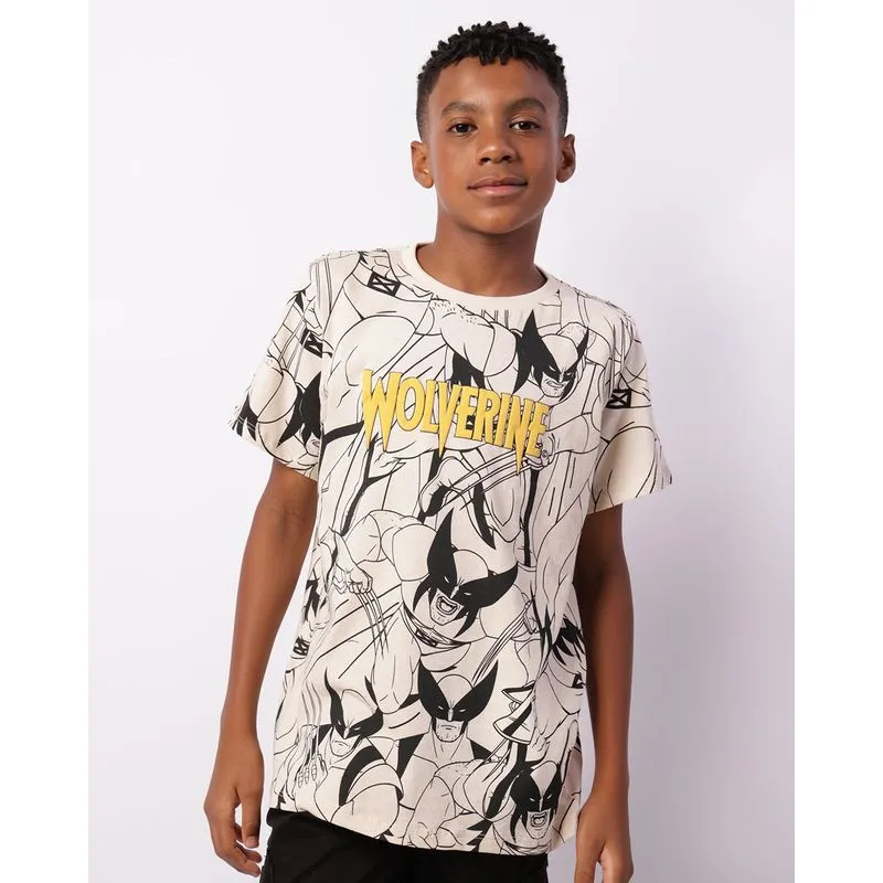 Camiseta Juvenil Marvel Wolverine Manga Curta Bege 16