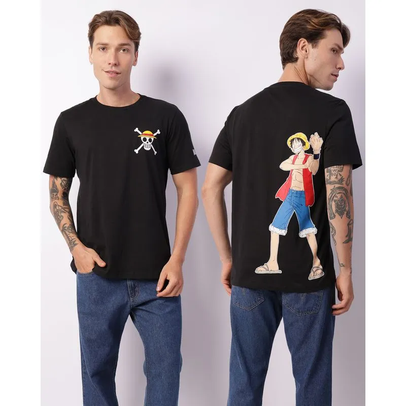 Camiseta Masculina One Piece Estampa Frente E Costas Preta P