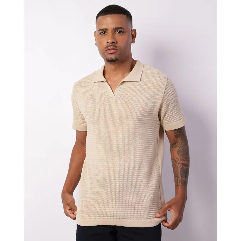Camisa Polo Masculina Tricô Maquinetado Manga Curta Bege G