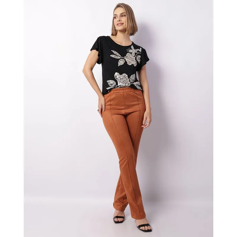 Calça Feminina Suede Reta Com Pregas Frontais Terracota G