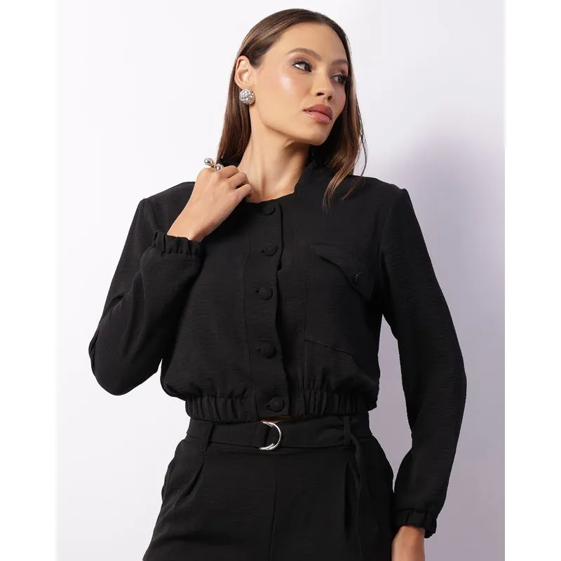 Casaco Feminino Cropped Texturizado Com Bolso Botões Preto GG