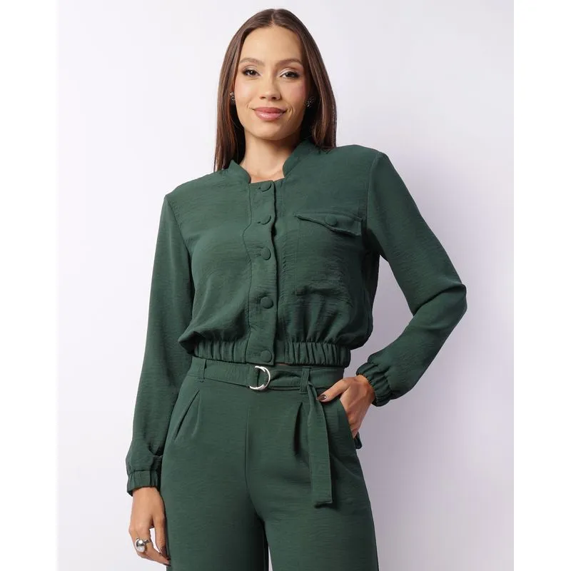 Casaco Feminino Cropped Texturizado Com Bolso Botões Verde P