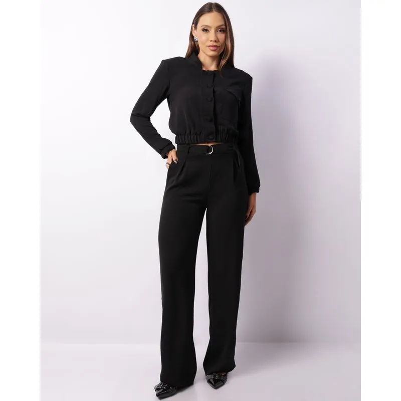 Calça Feminina Pantalona Cós Com Faixa Fivela Preta G
