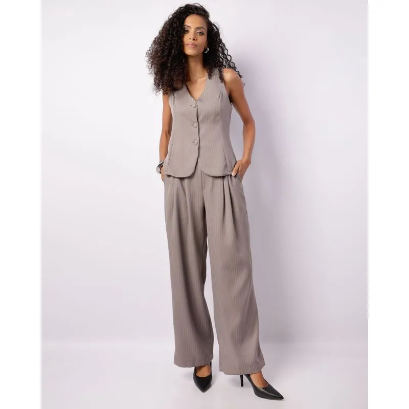 Calça Feminina Pantalona Risca De Giz Com Pregas Cinza M