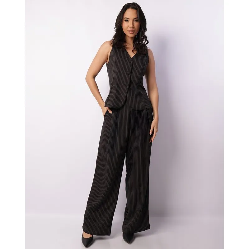 Calça Feminina Pantalona Risca De Giz Com Pregas Preta P