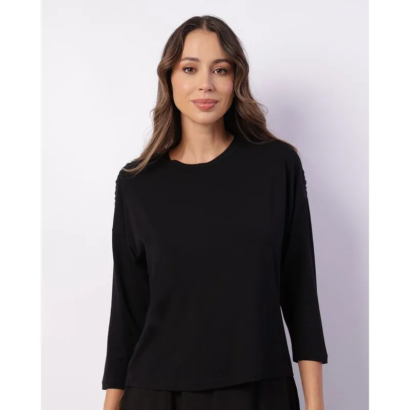 Blusa Feminina Manga 7/8 Com Aplicação Preta M