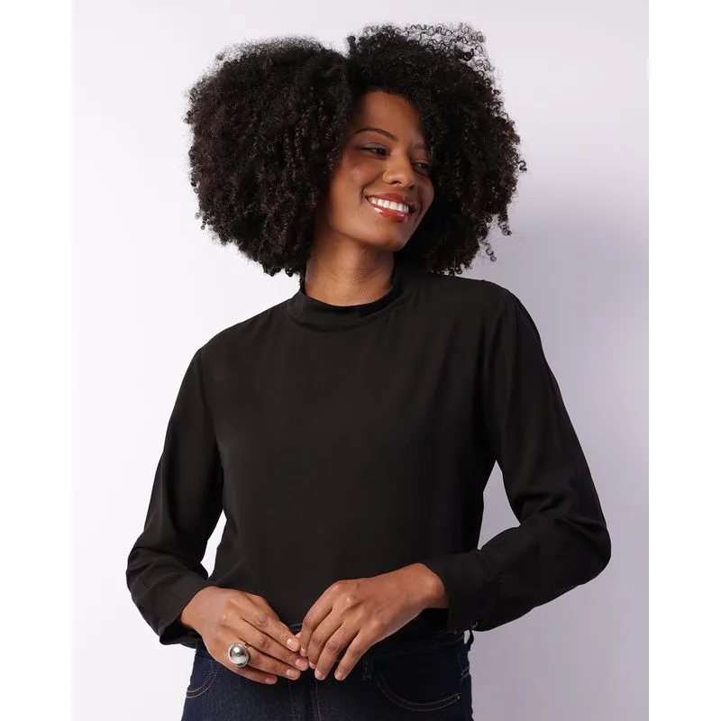Blusa Feminina Manga Longa Viscose Gola Alta Preta M