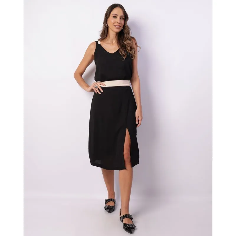 Saia Feminina Midi Texturizada Com Fenda Preta G