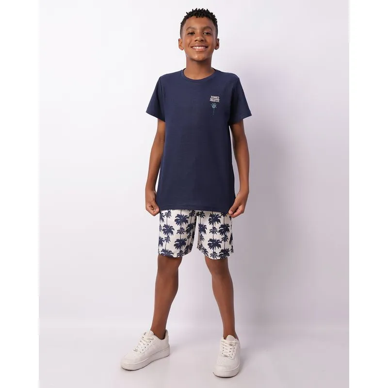 Bermuda Juvenil Reta Estampa Tropical Bolsos Com Cordão Bege 12