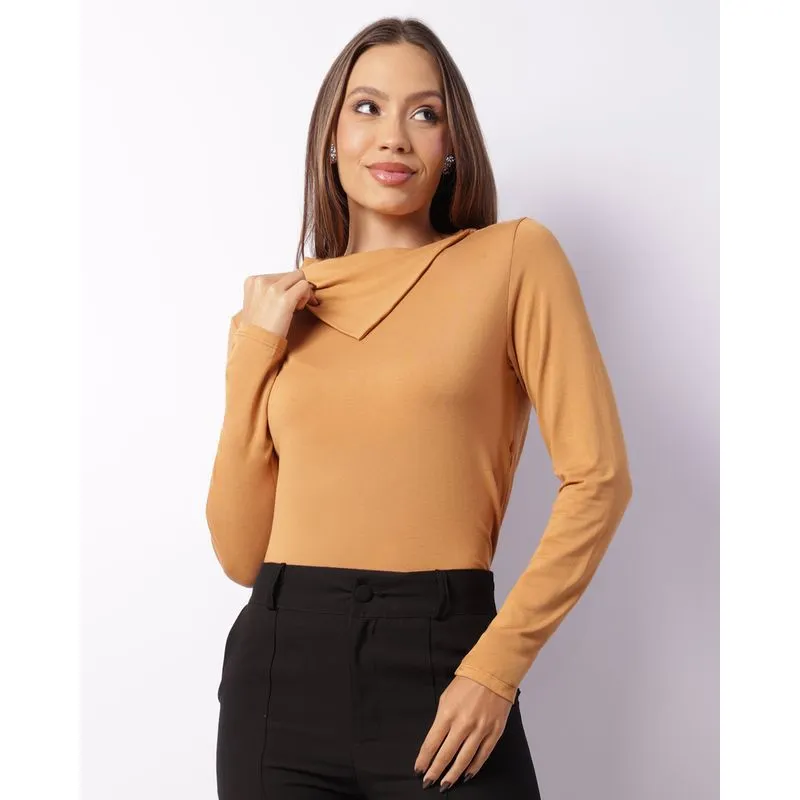Blusa Feminina Manga Longa Gola Assimétrica Bege G