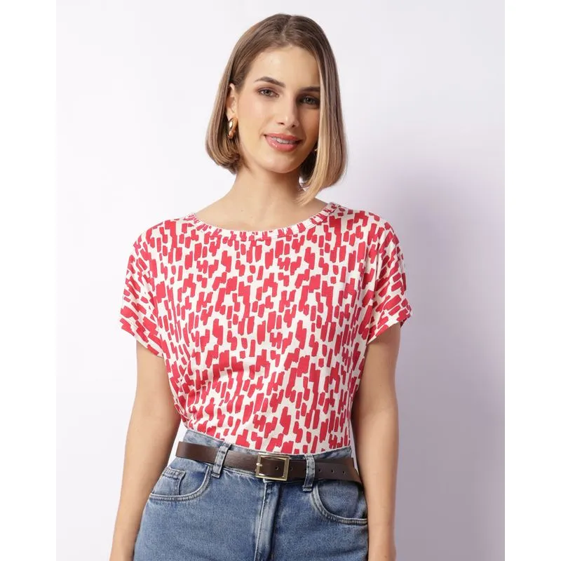 Blusa Feminina Manga Curta Decote Pespontada Estampada Vermelha G