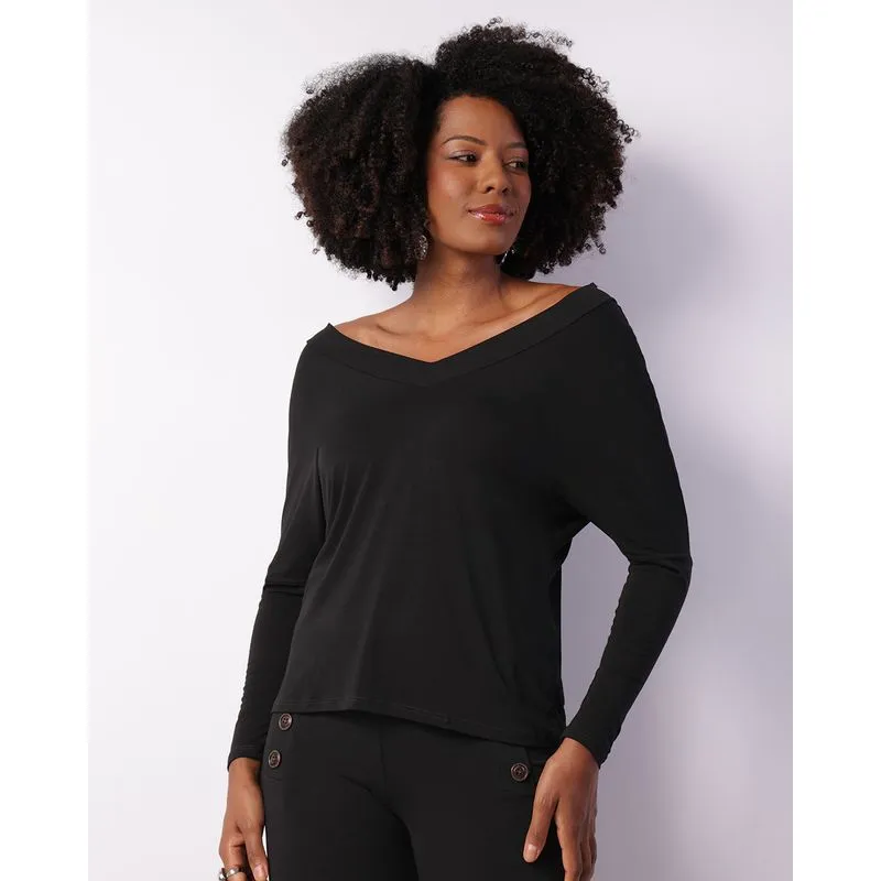 Blusa Feminina Manga Longa Decote V Preta M